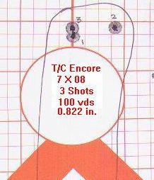 [A typical target fired with my T/C Encore pistol at 100 yds. from the bench]